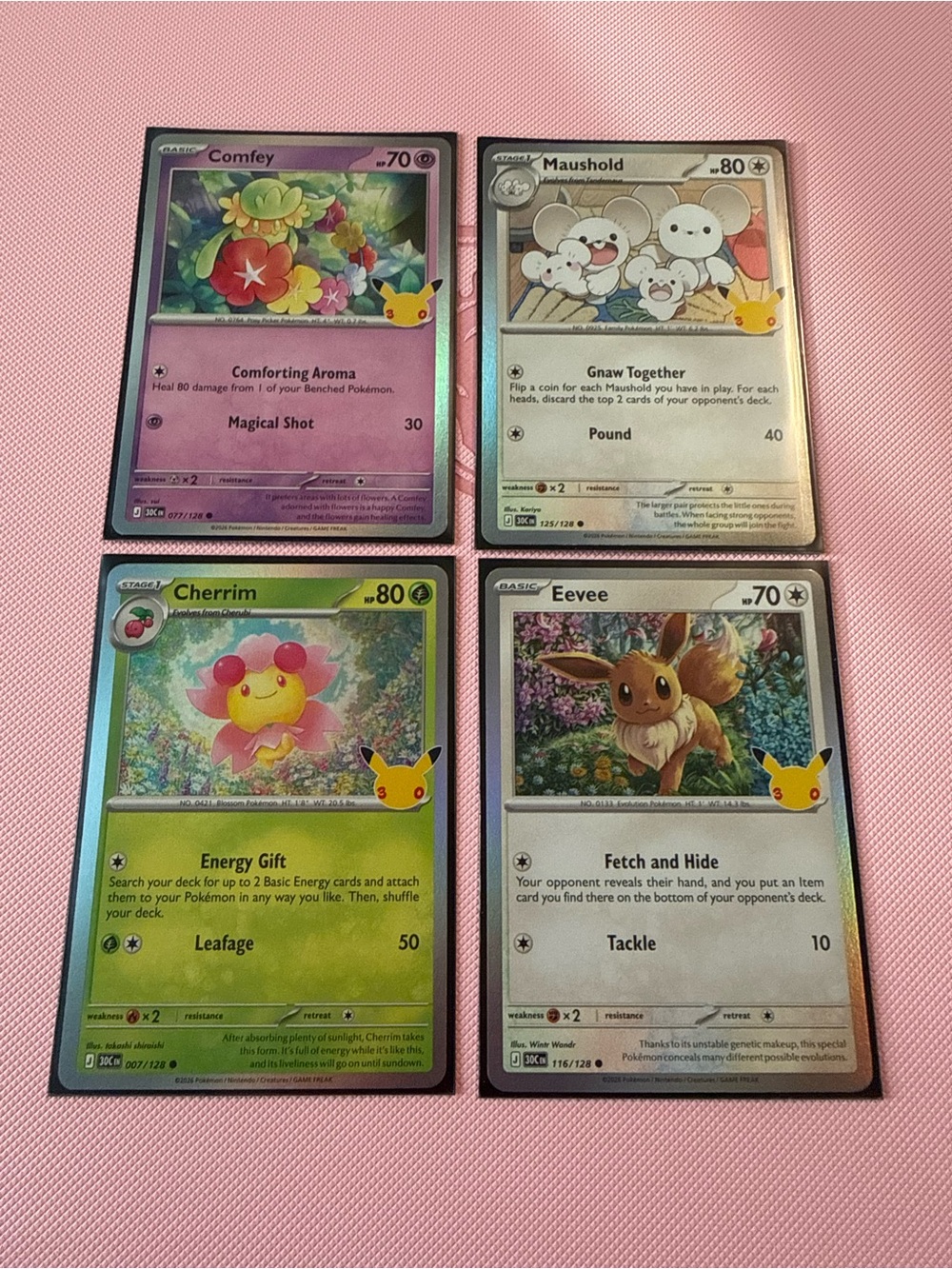 30th Celebration Trading Card Lot — Eevee, Comfey, Cherrim, Maushold